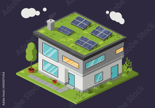 Modern House with Green Roof and Solar Panels.