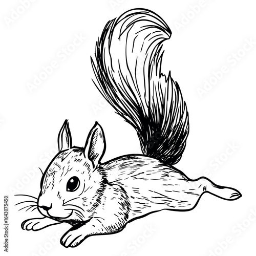 A detailed illustration of a cute squirrel lying down. The squirrel has a bushy tail and a small, round face with large eyes. It is depicted in a playful pose.