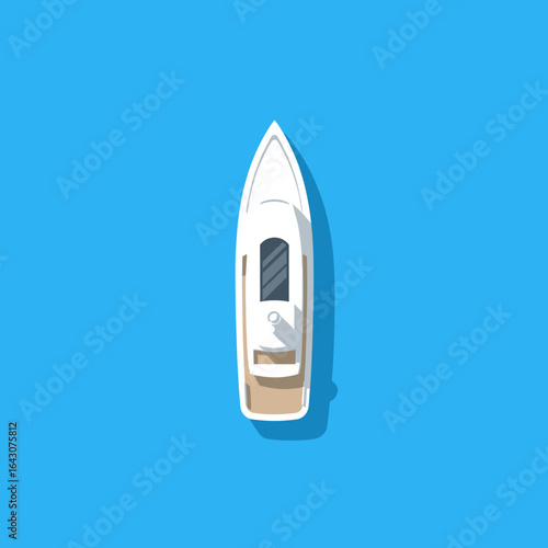 Aerial view of a sleek yacht cruising across a vibrant blue ocean under clear skies