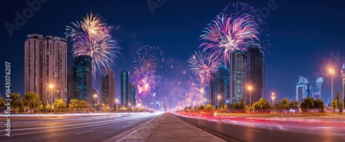 The stunning fireworks display illuminating the city skyline at night.