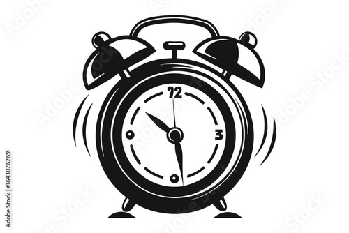 Black alarm clock rings loudly with hands signaling the time on white background