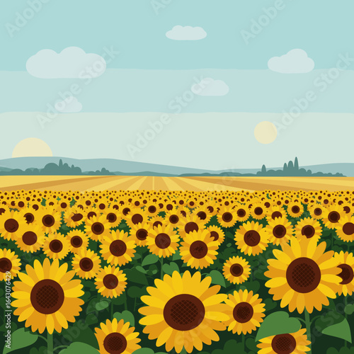Vibrant sunflower field under a clear blue sky with distant hills and soft clouds