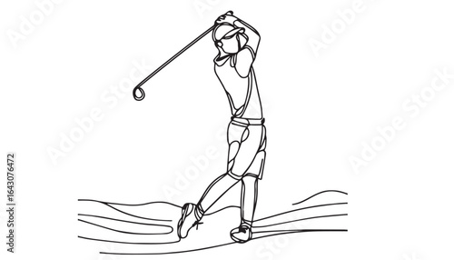Continuous one single minimal line drawing golf player