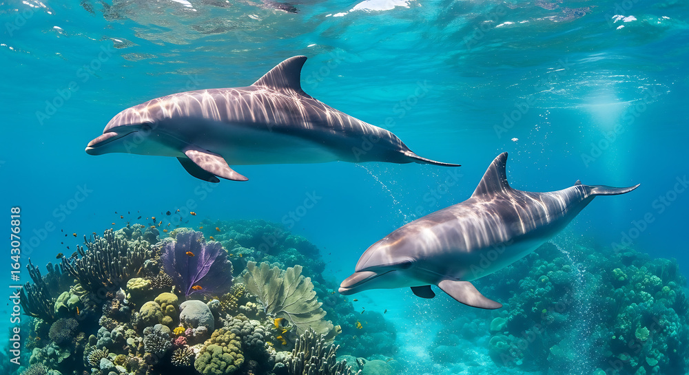 Naklejka premium Watch playful dolphins swimming in crystal clear blue ocean near vibrant coral reefs, a serene marine life scene