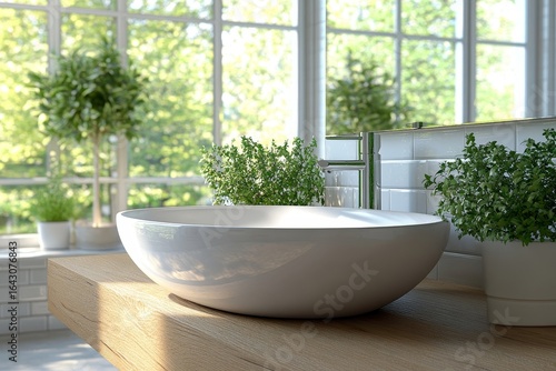 Wooden washstand with a white ceramic vessel sink, reflecting modern bathroom interior design. 3D rendering, Generative AI