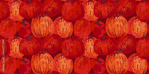 Seamless vector pattern with richly textured pumpkins in bold red and orange hues. Template for fall themed designs, textiles, packaging, and Thanksgiving decor