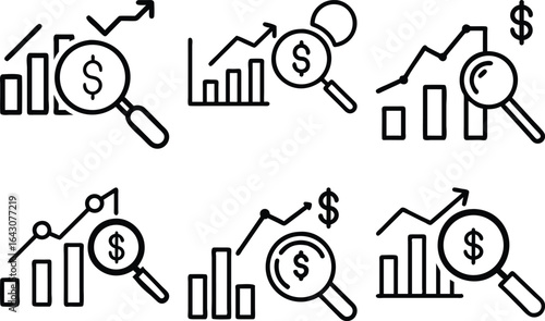 Financial Growth Analysis Magnifying Glass Icons Set Business Success