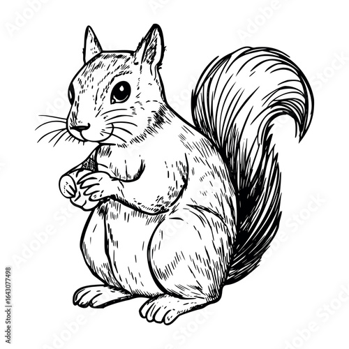 A detailed illustration of a cute squirrel standing upright. The squirrel has a bushy tail and is holding a nut in its paws. It features large eyes and a furry body.