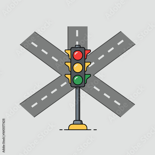 Traffic light at a crossroad intersection with roads converging in the background