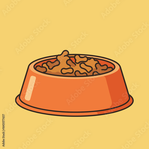A vibrant orange pet food bowl filled with kibble against a cheerful yellow background