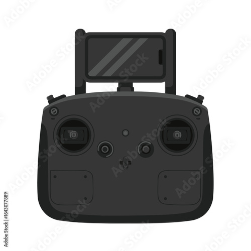 A modern drone remote controller with a smartphone mounted, ready for flight