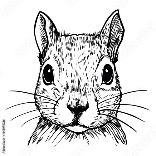A detailed illustration of a squirrel's face. The drawing highlights the large eyes, prominent whiskers, and textured fur of the animal.
