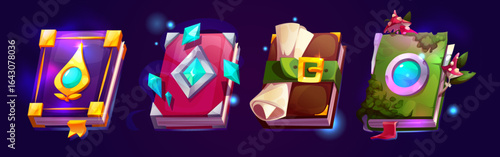 Magic book set for game interface - spellbooks with glowing gems, mystical enchanted pages and colorful covers by fantasy design, closed grimoires with mushrooms, scroll, crystals and sparkles