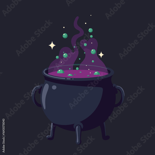 A bubbling cauldron emits colorful steam and magical sparks against a dark backdrop