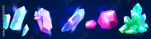 Crystal stone set for game design - glowing gemstone clusters with blue, green and purple facets. Magical mineral formations and fantasy shiny rock shards for treasure loot or cave environment assets.