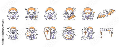 Halloween dracula or vampire . Hand drawn icon cartoon characters illustration collection . Vector .