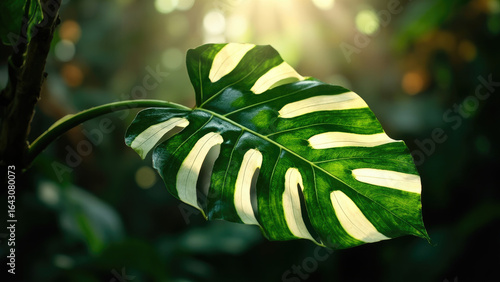 Close-up of a vibrant green Monstera leaf with cream-colored variegation and natural light against a blurred background