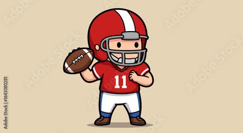 Chibi American football player in uniform throwing a ball, a cute cartoon character ready for the big game on a simple background.