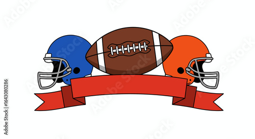 A vector illustration showcases an American football with two helmets, one blue and one orange, and a red banner, perfect for sports-themed designs and promotional materials against a white