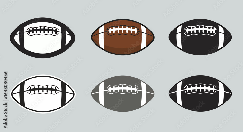 Fototapeta premium A collection of six vector illustrations showcasing various designs of American footballs, perfect for sports-themed graphics, logos, and promotional materials against a neutral gray background.