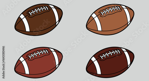 Four vector illustrations of American footballs in various shades of brown, perfect for sports-related designs, game day promotions, or educational materials, all presented on a neutral gray