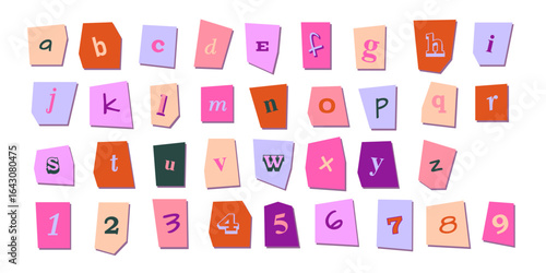 Playful clipping letters - y2k style alphabet with paper cutout. Lowercase symbols for creative projects. Torn edges with mixed fonts, punctuation marks and tilted angles for scrapbook