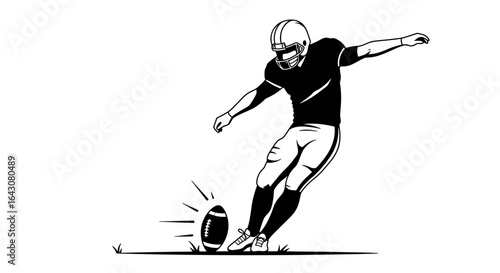 Vector illustration of an American football player kicking the ball, a dynamic action shot perfect for sports websites, team logos, and marketing materials.  The high-quality PNG ensures crisp, clean