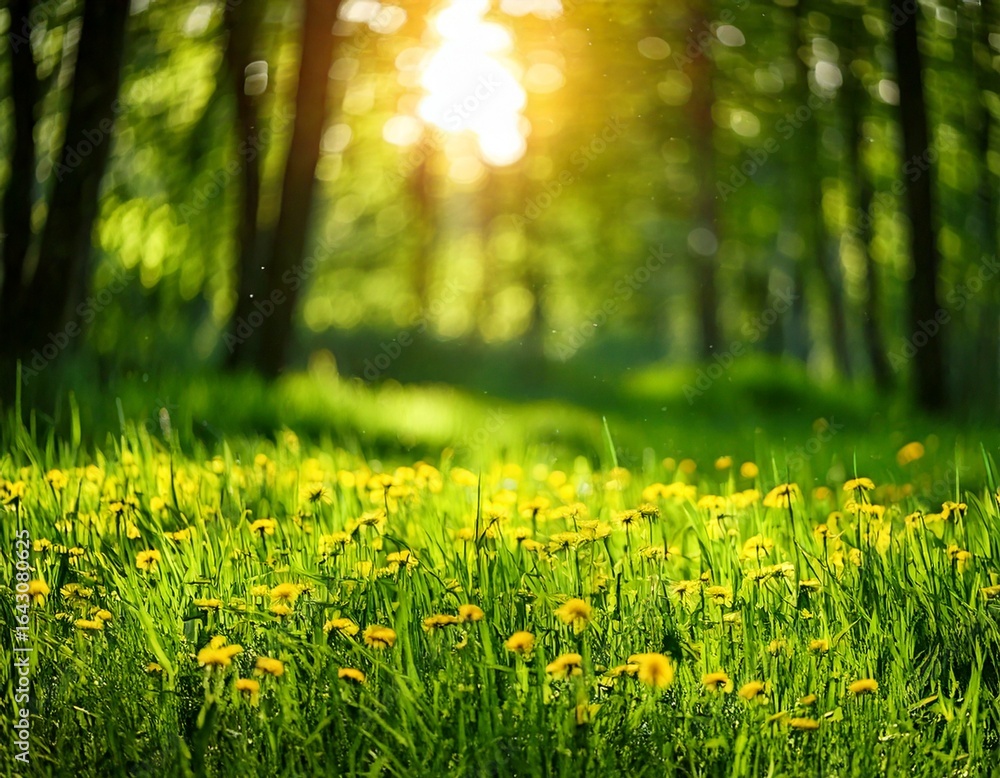 Obraz premium Beautiful wide format image of a pristine forest lawn with fresh grass and yellow dandelions 