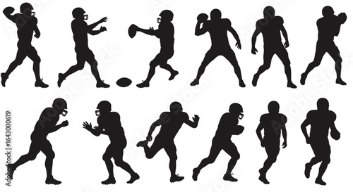 High-quality vector PNG illustrations of American football players in dynamic action poses, perfect for sports websites, team graphics, and game day designs.