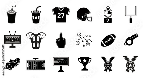 A vector illustration features a collection of American football icons, including a jersey, helmet, trophy, and field, all rendered in a clean, modern style.