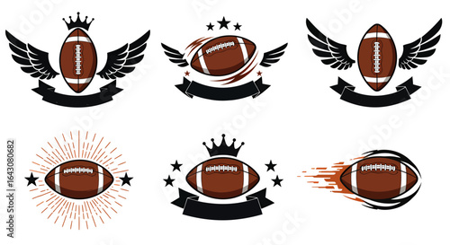 A collection of six vector illustrations showcasing American football designs, featuring winged footballs, crowns, and ribbons, ideal for sports-themed logos and graphic design projects.