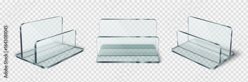Clear acrylic stand and card holder displays for business cards or signs - transparent desktop organizers with different angles. Professional office accessories for presentations and retail counters.