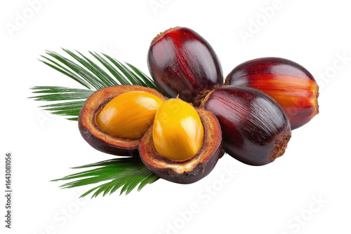 palm oil fruits with palm leaf on transparent background.