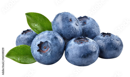 fresh blueberries with leaves on transparent background.