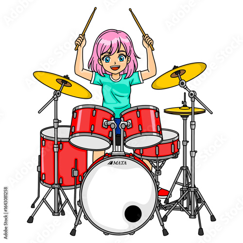 drummer girl anime cartoon vector illustration, isolated on white