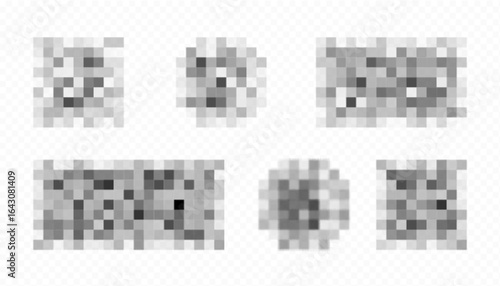 Censor pixel blur effects with gray and black squares for privacy protection or content masking. Digital pixelated patterns for hiding sensitive information, faces or inappropriate material in media.