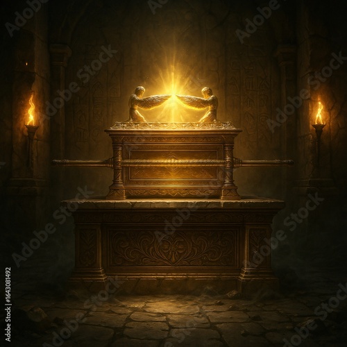 Glowing Ark of the Covenant Enshrined in an Ancient Stone Chamber Surrounded by Mystical Runes and Flickering Torchlight