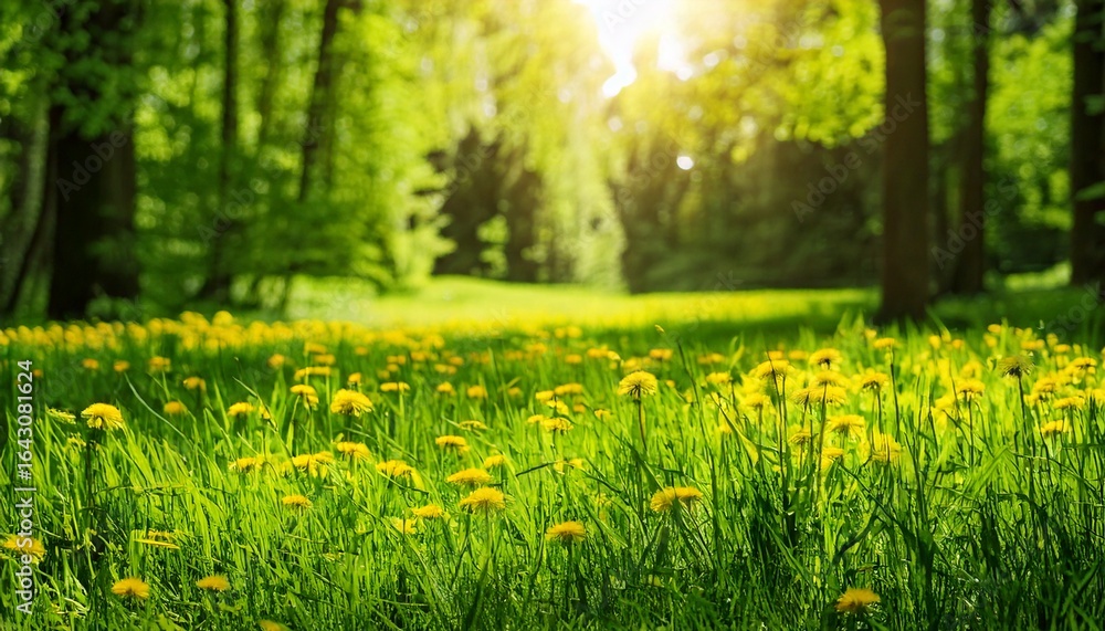 Fototapeta premium Beautiful wide format image of a pristine forest lawn with fresh grass and yellow dandelions 