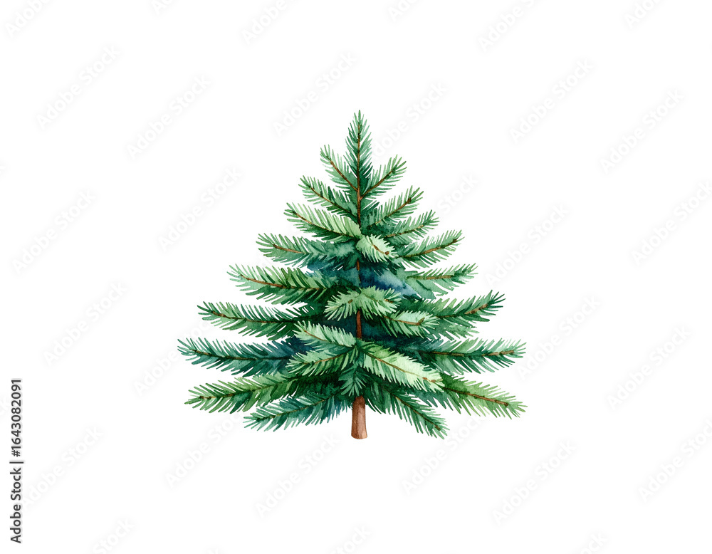 Fototapeta premium Single Christmas tree with green branches and decorations on white background