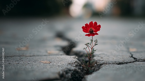Red flower growing through crack in pavement during overcast day in urban environment