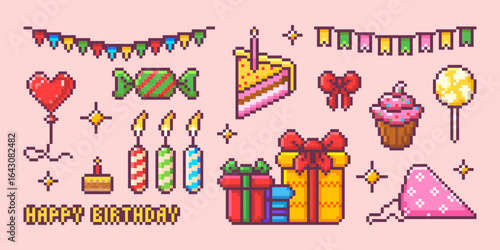 Pixel birthday party set with colorful flags, heart balloon, wrapped candy, candles and cake slice for festive game design. Gift boxes, cupcake and party hat. Retro 8 bit celebration collection.