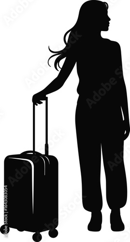Female traveler silhouette with luggage, woman standing with suitcase, travel concept vector, black isolated figure, journey and vacation illustration