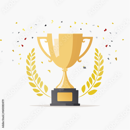 A golden trophy with laurel wreaths and confetti, symbolizing achievement and success.