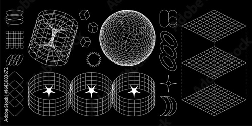 Wireframe geometric shapes in cyber aesthetics with retro grid patterns - sphere, cylinders and cubes for digital interfaces. Wire forms with stars, rings and wave elements for futuristic tech design