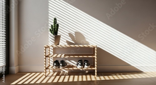 Sunlit minimalist interior with a wooden shoe rack, where light from blinds casts dramatic diagonal shadows on a white wall.