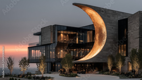 Modern Building with Illuminated Crescent at Dusk with Vibrant Sky and Verdant Trees 