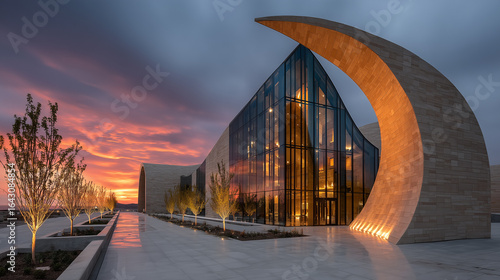 Modern Building with Illuminated Crescent at Dusk with Vibrant Sky and Verdant Trees 