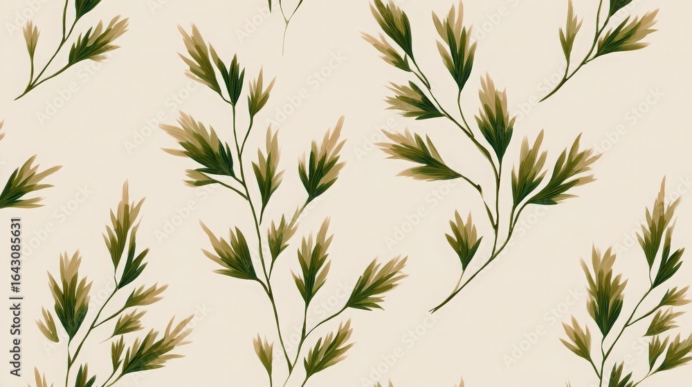 Fototapeta premium Elegant botanical pattern featuring intricate green leaves on a soft beige background.
