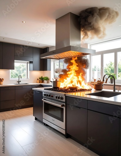 Kitchen fire engulfing stove and range hood