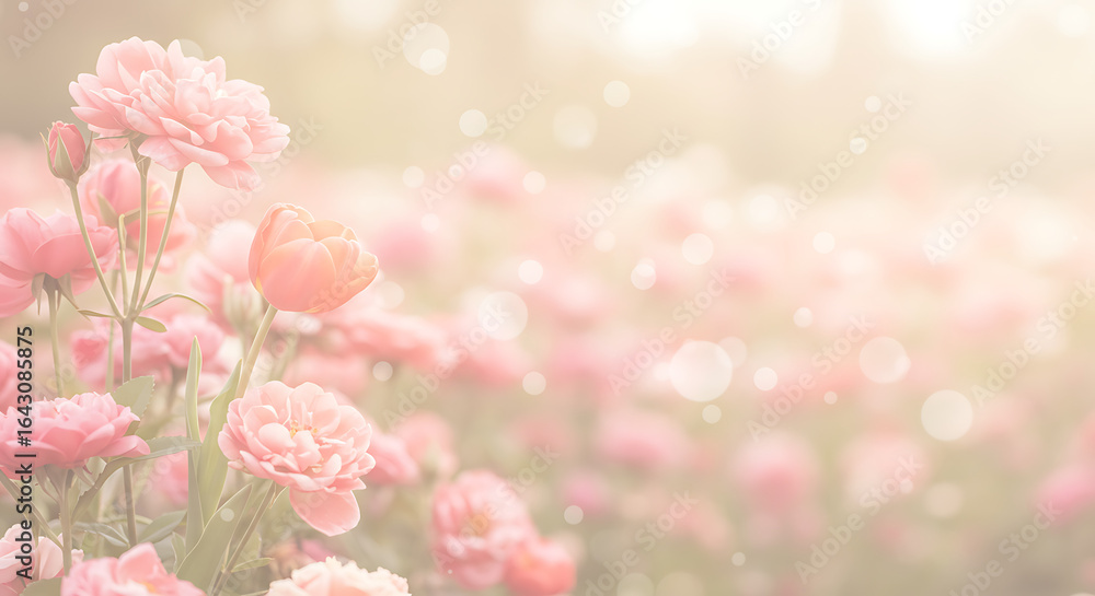 Fototapeta premium Soft Pink Roses and Tulips in Bloom